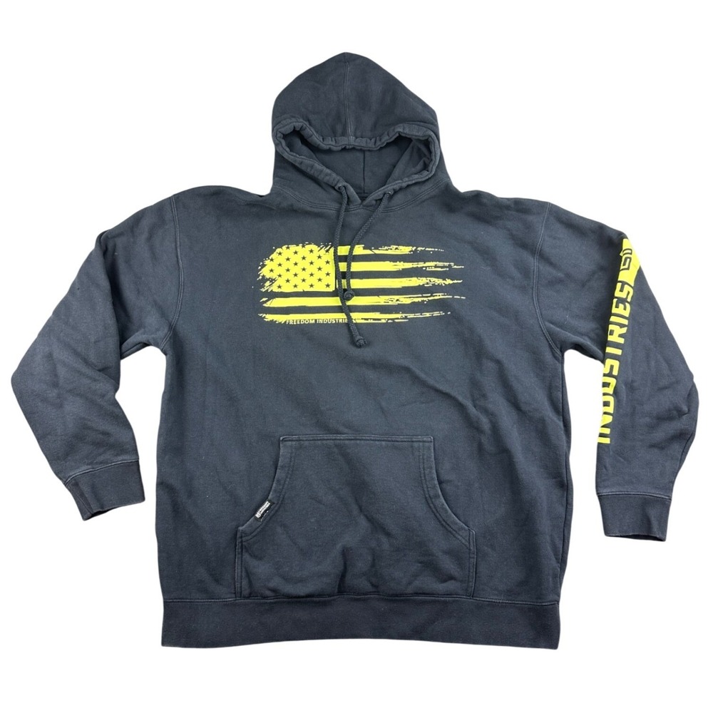 Freedom Industries Hoodie Men XL Black Yellow American Flag Graphic Print Fleece